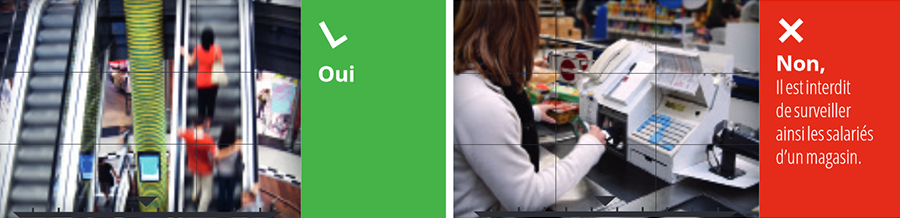 Possibilités de vidéosurveillance dans les commerces - Oui, est possible de filmer un hall et escalator  - Non, est interdit de surveiller ainsi les salariés d'un magasin