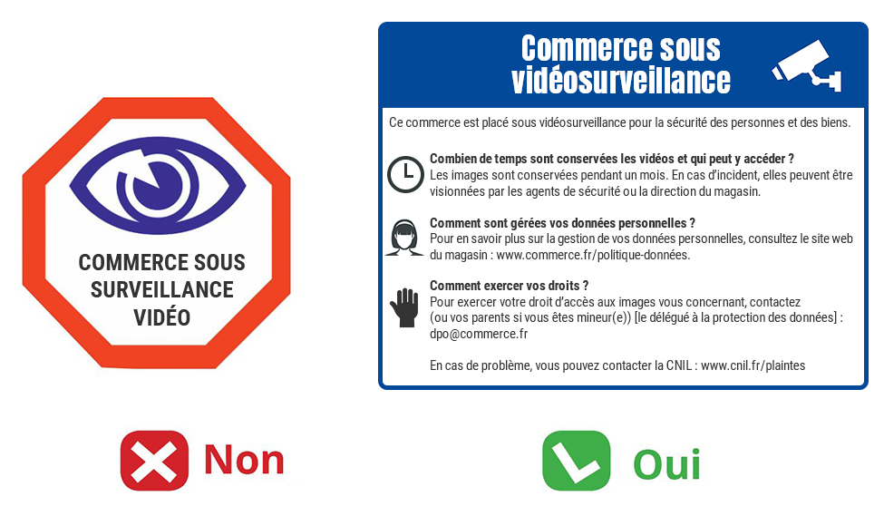 Les mentions à faire apparaître sur un panneau d'information : Pas uniquement 'Commerce sous surveillance vidéo'. Mais aussi : 'Ce commerce est placé sous vidéosurveillance pour la sécurité des personnes et des biens. Les images sont conservées pendant un mois. En cas d'incident, elles peuvent être visionnées par les agents de sécurité ou la direction du magasin. Pour en savoir plus sur la gestion de vos données personnelles, consultez le site web du magasin : www.commerce.fr/politique-données. Pour exercer votre droit d'accès aux images vous concernant, contactez (ou vos parents si vous êtes mineur) le délégué à la protection des données en écrivant à dpo@commerce.fr En cas de problème, vous pouvez contacter la CNIL sur cnil.fr/plaintes